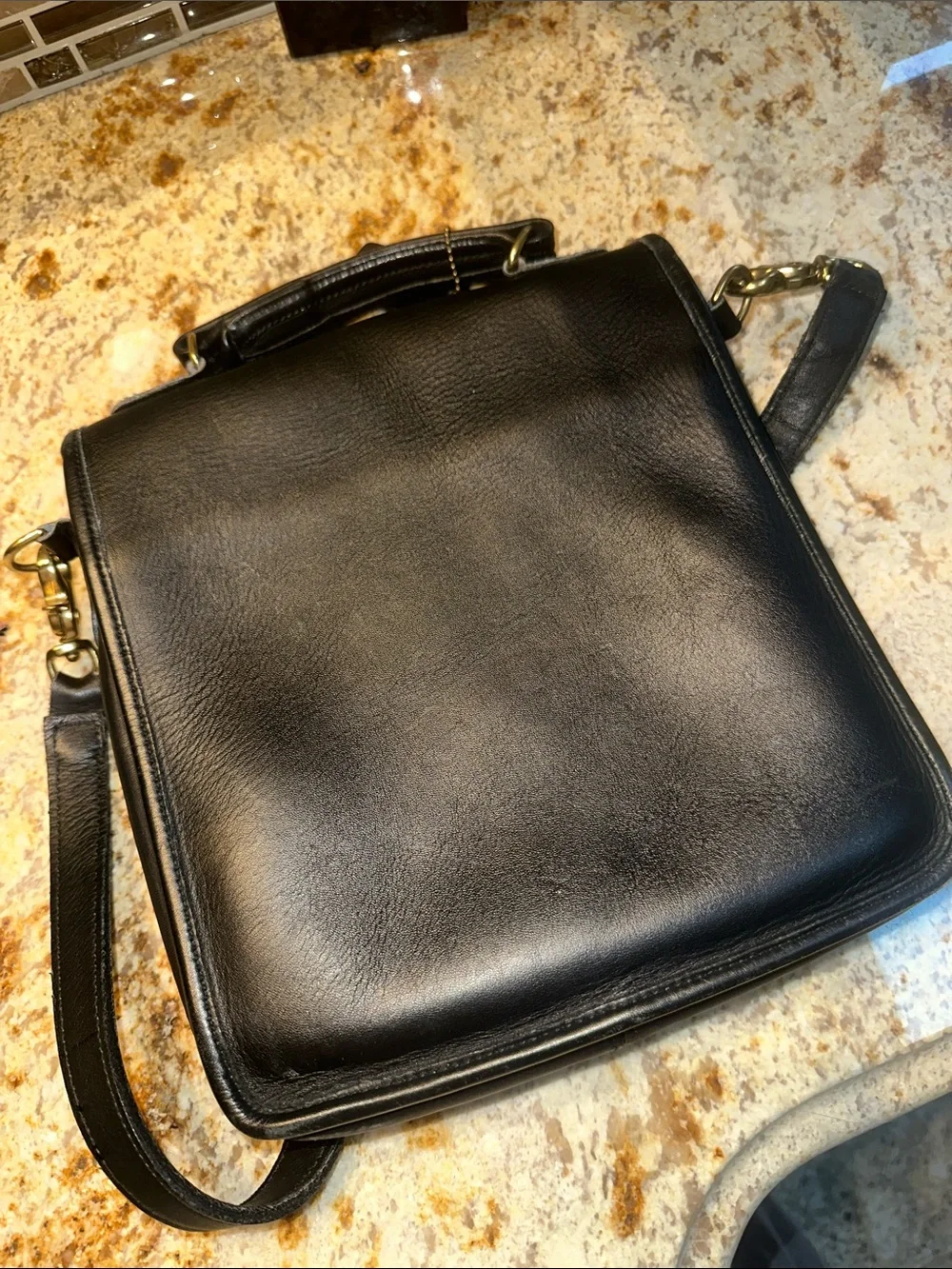 Coach Black Leather Shoulder Satchel with Gold-Tone Turnlock